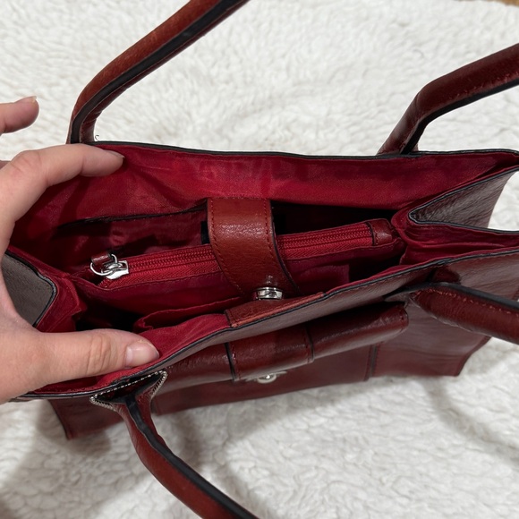 Wilsons Leather Roma Leather Push Lock Tote Handbag Dark Cherry Red Mahogany - Picture 10 of 15